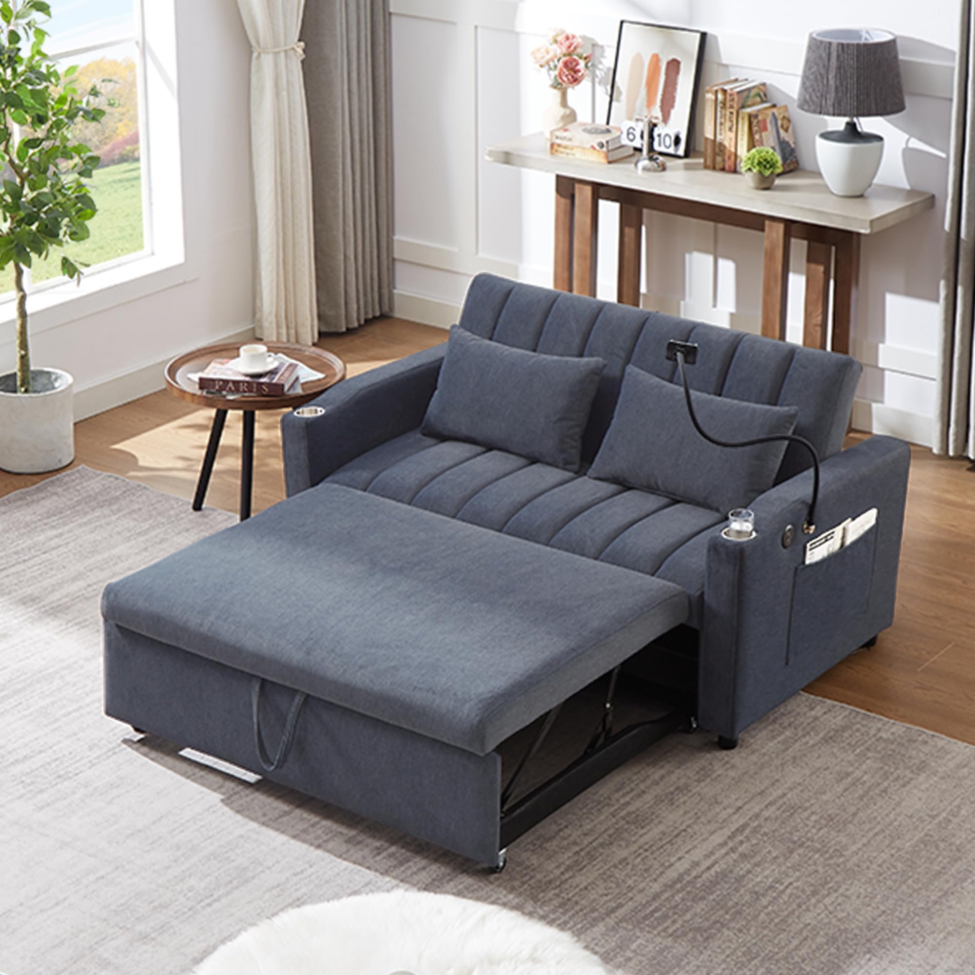 Merax 55.9" Loveseat Sofa Couch with Pull Out Bed, 3 in 1 Convertible Polyester Sleeper Sofa Bed with 3 USB Ports, 2 Cup Holders, and 360°Swivel Phone Holder for Apartment, Living Room (Blue Grey)