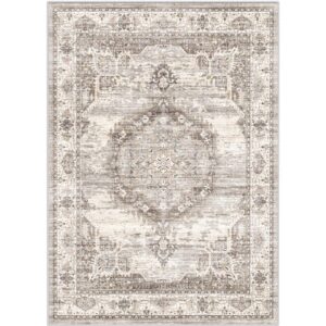 Washable Living Room Area Rug：8x10 Bedroom Rugs - Farmhouse Distressed Printed Floral Carpet - Foldable Non-Shedding Floor Carpet for Dining Room 8'x10' Beige