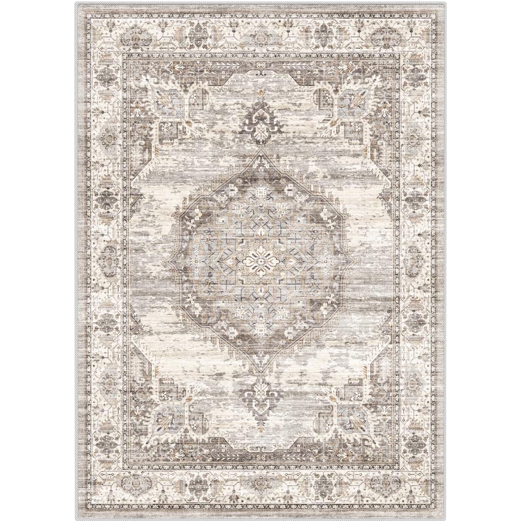 Washable Living Room Area Rug：8x10 Bedroom Rugs - Farmhouse Distressed Printed Floral Carpet - Foldable Non-Shedding Floor Carpet for Dining Room 8'x10' Beige