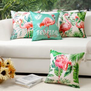 Ohok Outdoor Waterproof Pillow Covers 18x18 Set of 4 Farmhouse Decor Pillow Covers Outdoor Patio Throw Pillow Covers for Patio Funiture Garden Bed Couch Sofa (Flamingo)