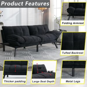 Anwick Modern Futon Couch Bed Sofa: Velvet Fabric Quick Folding Armrest Space-Saving Convertible 2 Seater Loveseat for Living Room Bedroom Small Rooms Apartment (Black)