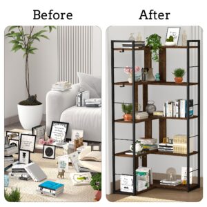 RKVPCNE 5 Tier L Shaped Bookshelf Wood Bookcase with 2 Hooks Modern Corner Bookshelf Library Industrial Shelving Book Case Adjustable Book Shelves for Bedroom Living Room Home Office Rustic Brown