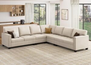 honbay modular velvet sectional couch, convertible l shaped sofa with reversible chaise oversized sectional corner sofa set for living room, beige