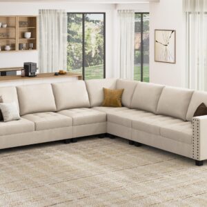 HONBAY Modular Velvet Sectional Couch, Convertible L Shaped Sofa with Reversible Chaise Oversized Sectional Corner Sofa Set for Living Room, Beige