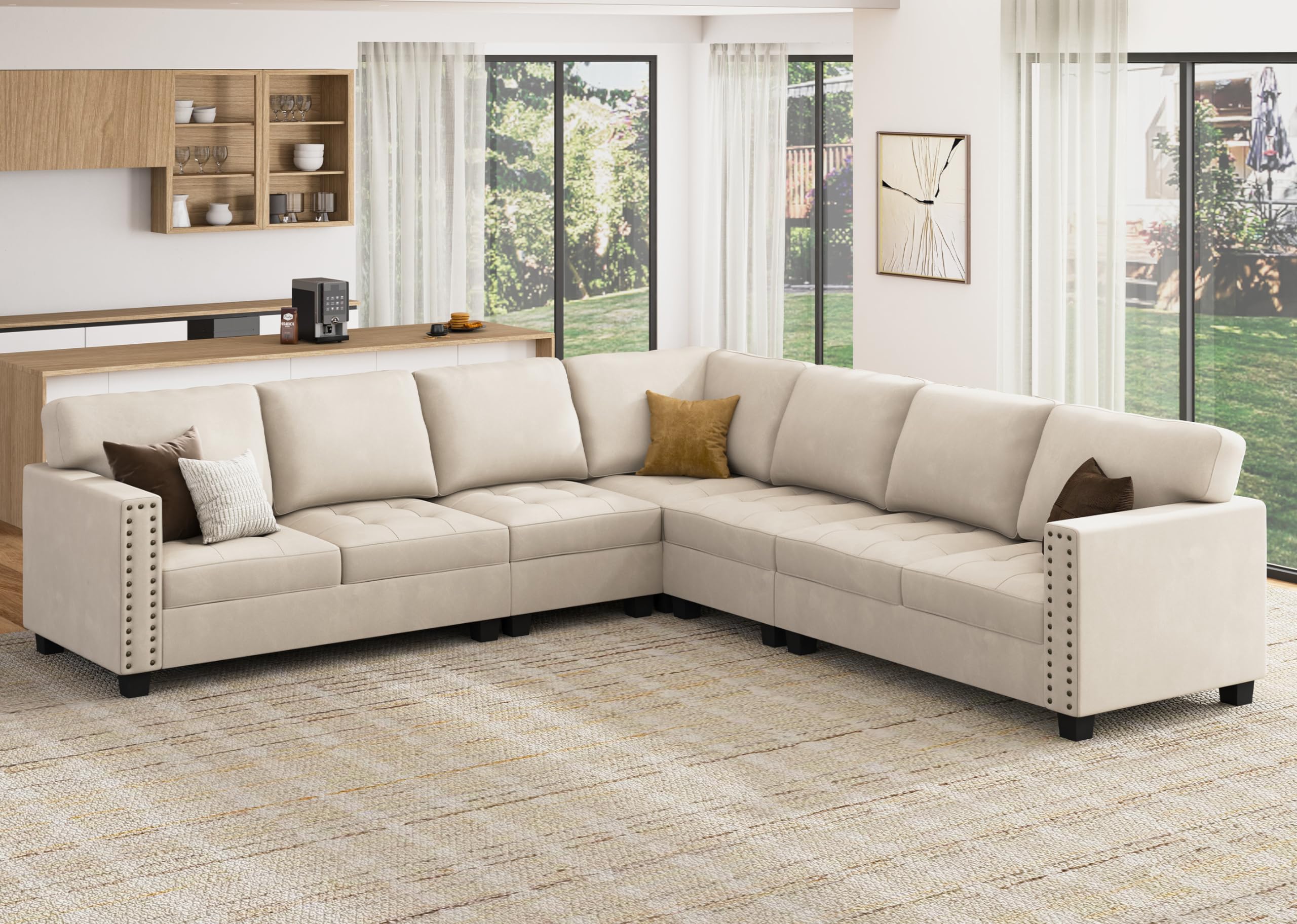 HONBAY Modular Velvet Sectional Couch, Convertible L Shaped Sofa with Reversible Chaise Oversized Sectional Corner Sofa Set for Living Room, Beige