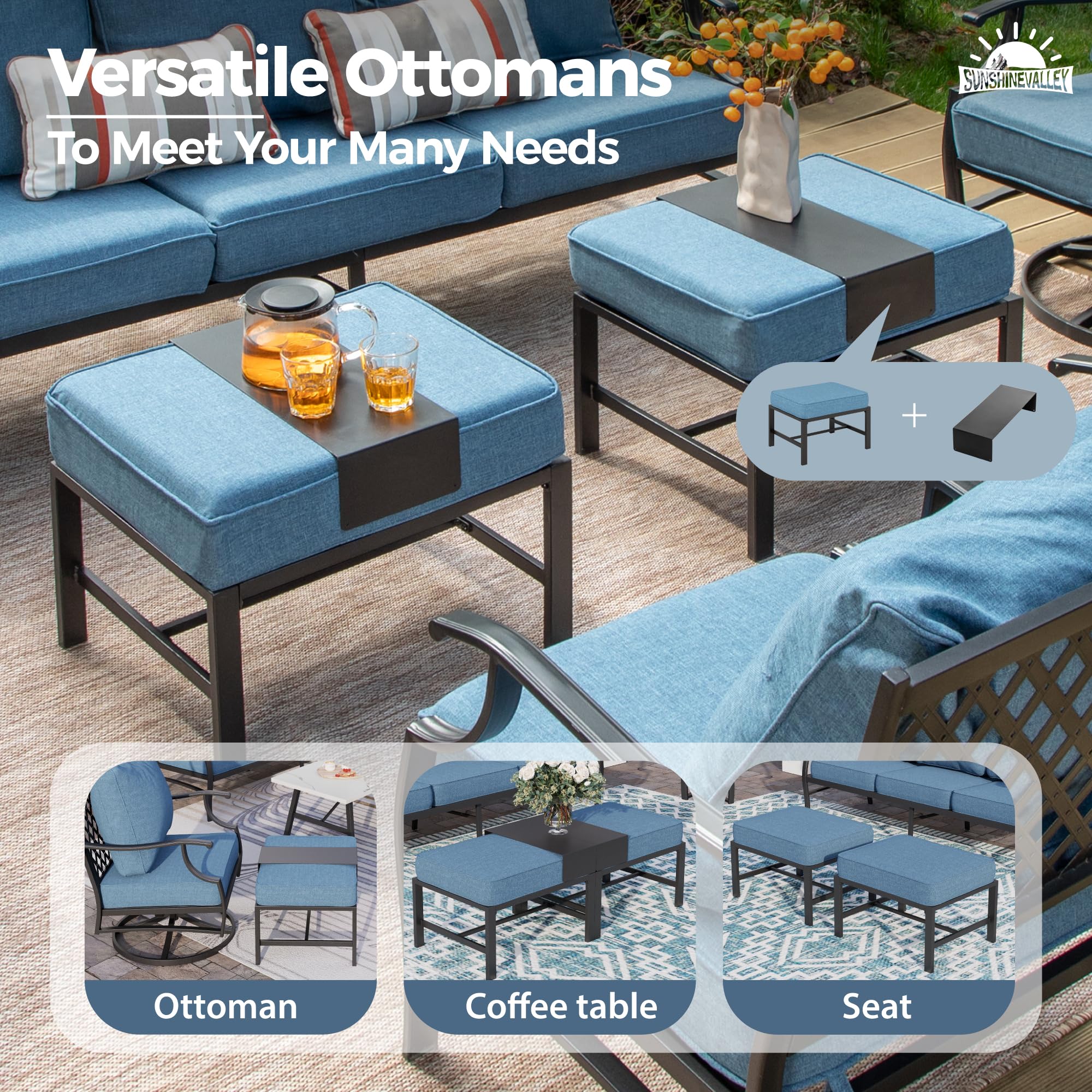 SUNSHINE VALLEY 7 Piece Metal Outdoor Patio Furniture Set, Patio Conversation Sets 1 3-seater Sofa, 4 Fixed Chair, 2 Ottomans with 5.75" Thick Cushion, Black All-weather Frame Backyard Furniture, Navy