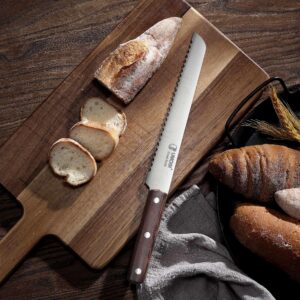 Premium 10 Inches German High-Carbon Stainless Steel Bread Knife - Ultra Sharp Serrated Blade, Full Tang Natural Wooden Handle - Ideal for Slicing Bread Cake Fruits & Vegetables