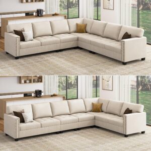 HONBAY Modular Velvet Sectional Couch, Convertible L Shaped Sofa with Reversible Chaise Oversized Sectional Corner Sofa Set for Living Room, Beige