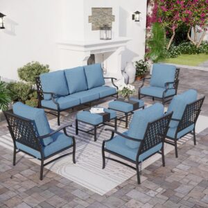 sunshine valley 7 piece metal outdoor patio furniture set, patio conversation sets 1 3-seater sofa, 4 fixed chair, 2 ottomans with 5.75" thick cushion, black all-weather frame backyard furniture, navy