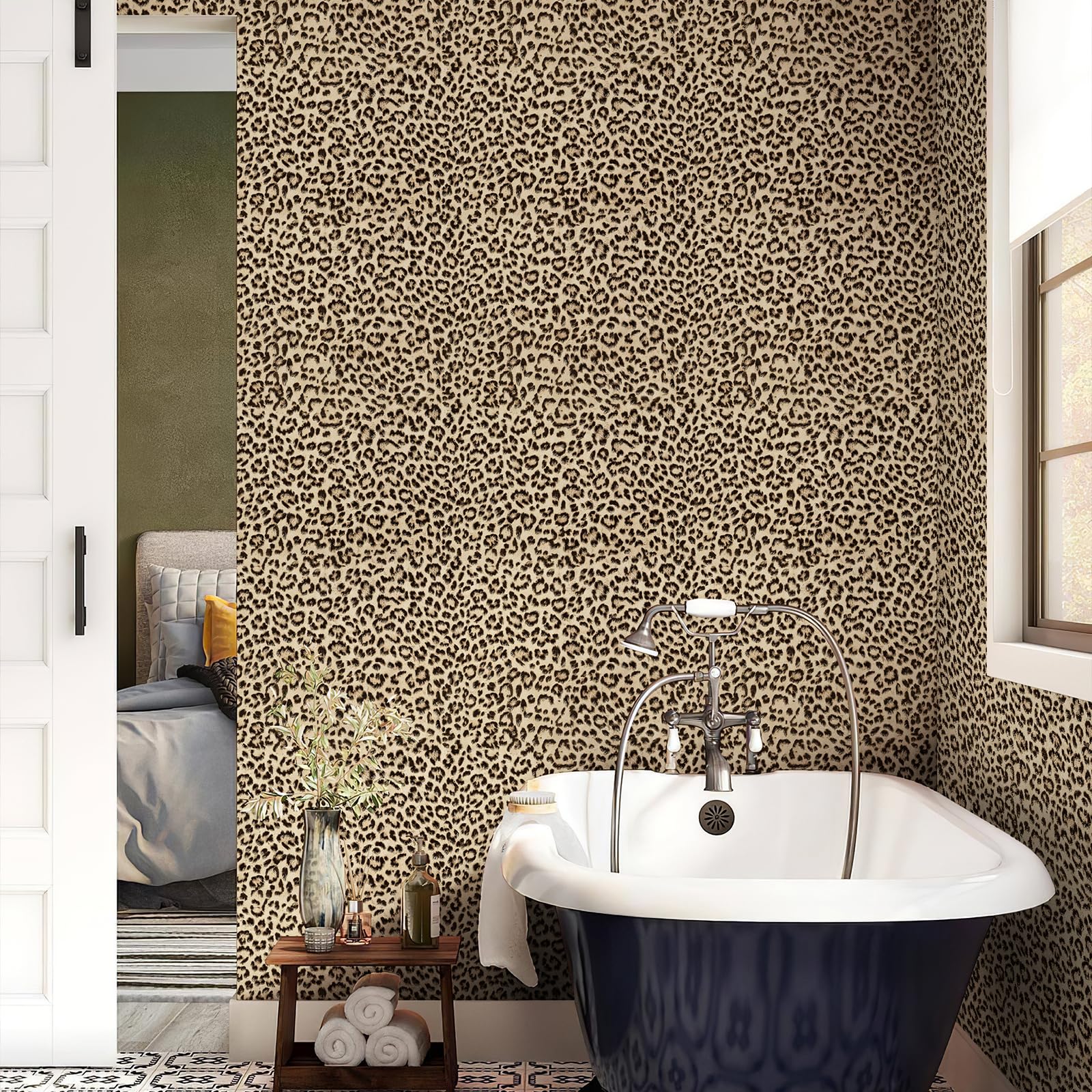 Simon&Siff Leopard Peel and Stick Wallpaper 17.3"x60" Black/Brown Vintage Animal Removable Wallpaper Renter Friendly Waterproof Modern Contact Paper for Bedroom Bathroom Cabinet