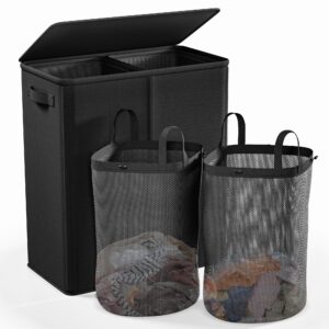 raybee laundry basket with lid,154l clothes hamper for laundry hamper 2 section,laundry basket with lid collapsible laundry hamper with 2 removable washing bags, clothes hamper (black, 154l)