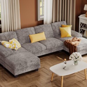 Furmax Sectional Couches for Living Room, U-Shaped Sofa Couch with Linen Fabric, 4 Seat Sofa Set with Double Chaise for Apartment (Fabric, Grey)