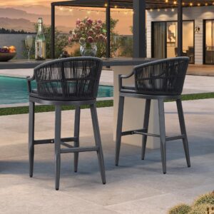 PURPLE LEAF Patio Bar Stools Set of 2 Outdoor Wicker Modern High Bar Chairs Metal Cushioned Barstools with Backs and Ergonomic Armrest for Balcony Garden Indoor Kitchen Island, Gray