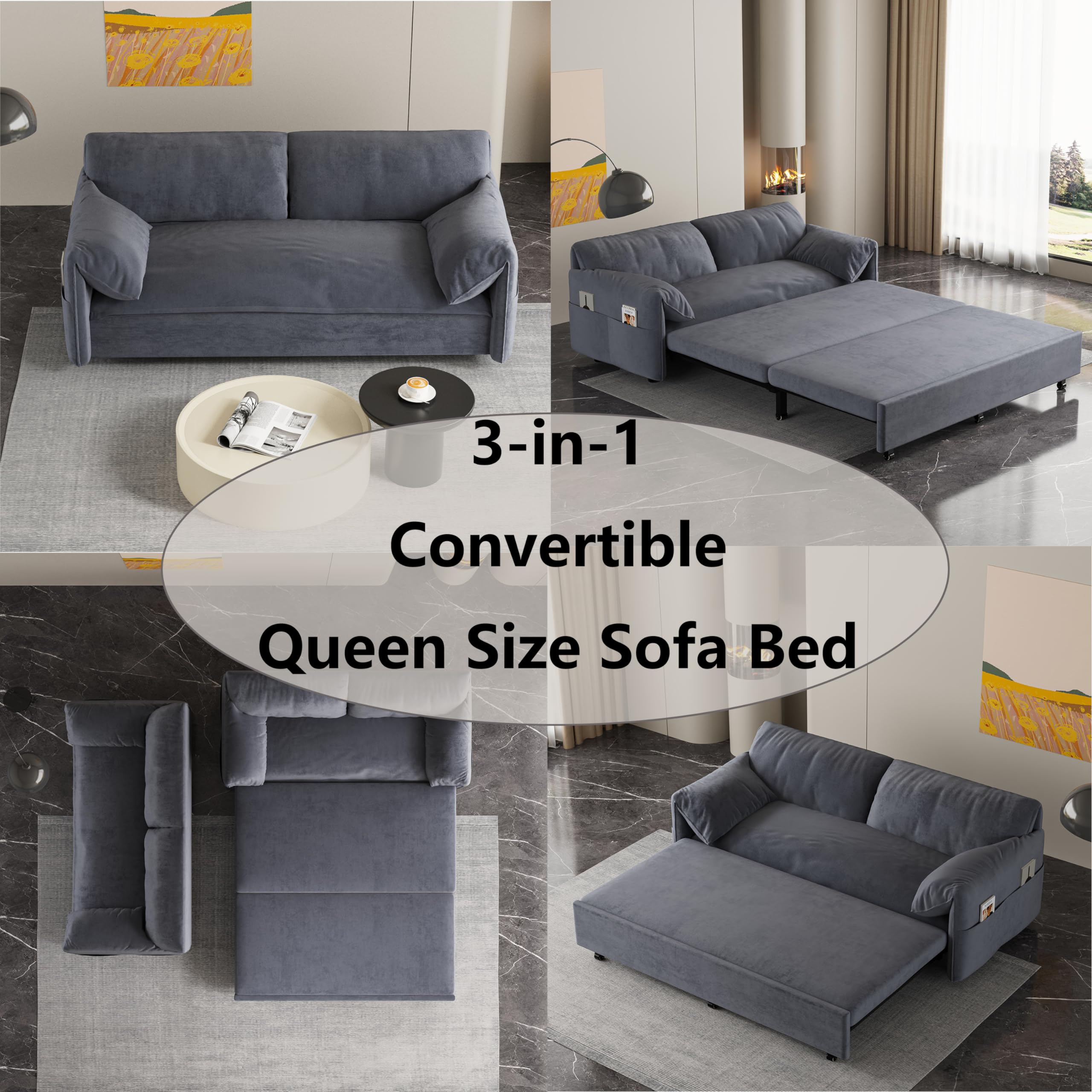 HomSof Pull Bed,3-in-1 Convertible Sleeper Sofa 2 Soft Pillows, Queen+Side Storage, Grey