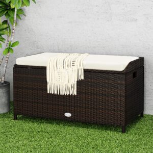 YITAHOME Outdoor Wicker Storage Bench Deck Box, Large PE Rattan Patio Storage Bench w/Covenient Handles and Soft Cushion for Patio, Yard, Lawn, Garden