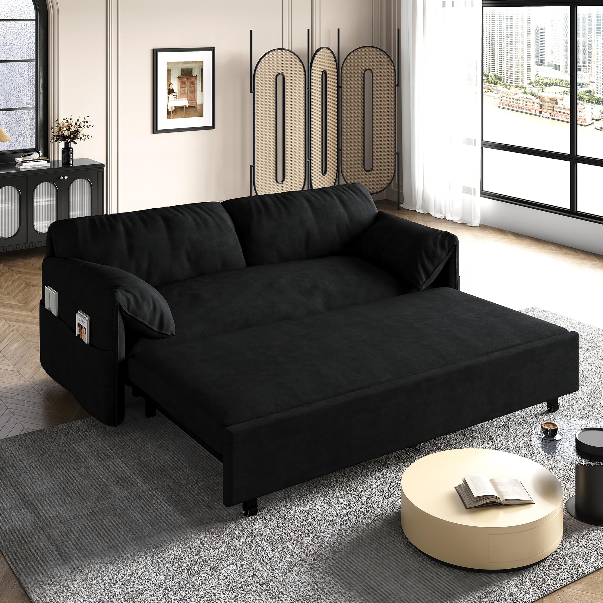 GNIXUU 63.8" Queen Pull Out Sofa Bed, Velvet Convertible Sleeper Sofa Couch with Side Storage, Comfy Loveseat Bed Pull Out Couch for Living Room, Apartment, Small Space(Black)