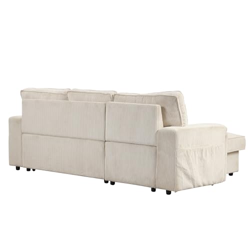 Corduroy Upholstered Convertible Sleeper Sectional Couch Pull Out Sofa Bed ,4 Seater L Shaped Corner Sofa&Couch Sofabed with Reversible Storage Chaise Lounge and Cupholders for Living Room Office