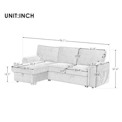 Corduroy Upholstered Convertible Sleeper Sectional Couch Pull Out Sofa Bed ,4 Seater L Shaped Corner Sofa&Couch Sofabed with Reversible Storage Chaise Lounge and Cupholders for Living Room Office