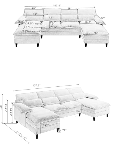 Eafurn Symmetrical Modular Sectional Sofa with Chaise Lounge, 6 Seater Fabric Upholstered Cloud Couch, U Shaped Oversized Sleeper Sofa&Couches with Thicked Cushion & Detackable Backrest Living Room