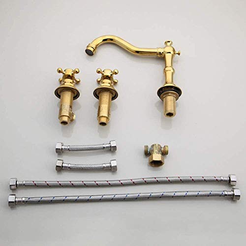 TECKI Kitchen Taps Faucet Bath Bathtub Retro Spout Golden Polished 3 Pieces Wash Basin Sink Brass Faucets Deck Mounted Cold and Hot Water Mixer Tap