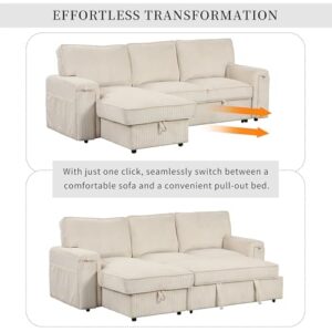 Corduroy Upholstered Convertible Sleeper Sectional Couch Pull Out Sofa Bed ,4 Seater L Shaped Corner Sofa&Couch Sofabed with Reversible Storage Chaise Lounge and Cupholders for Living Room Office