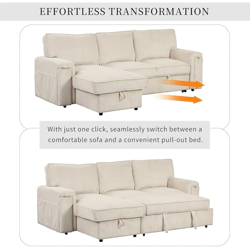 Corduroy Upholstered Convertible Sleeper Sectional Couch Pull Out Sofa Bed ,4 Seater L Shaped Corner Sofa&Couch Sofabed with Reversible Storage Chaise Lounge and Cupholders for Living Room Office