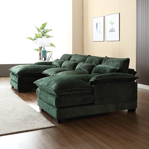 Oversized Modular Sectional Sofa Cloud Couch, U Shaped Chenille Upholstered Overstuffed Corner Couch with Double Chiase Lounge and Solid Wood Legs, 6 Seater Soft Sleeper Sofa&Couches for Home