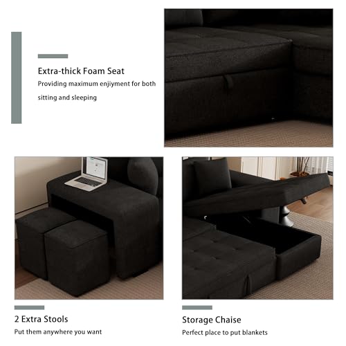 Eafurn L Shaped Reversible Sleeper Sectional Sofa Pull Out Couch Bed with Storage Chaise Lounge and 2 Stools, Button Tufted Chenille Upholstered Convertible Pullout Sofabed for Living Room Office