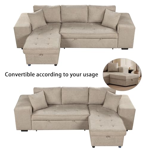 Eafurn L Shaped Reversible Sleeper Sectional Sofa Pull Out Couch Bed with Storage Chaise Lounge and 2 Stools, Button Tufted Chenille Upholstered Convertible Pullout Sofabed for Living Room Office