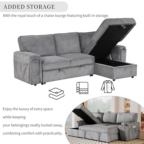 Corduroy Upholstered Convertible Sleeper Sectional Couch Pull Out Sofa Bed ,4 Seater L Shaped Corner Sofa&Couch Sofabed with Reversible Storage Chaise Lounge and Cupholders for Living Room Office