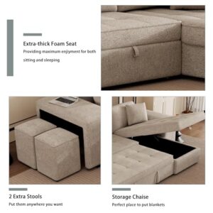 Eafurn L Shaped Reversible Sleeper Sectional Sofa Pull Out Couch Bed with Storage Chaise Lounge and 2 Stools, Button Tufted Chenille Upholstered Convertible Pullout Sofabed for Living Room Office