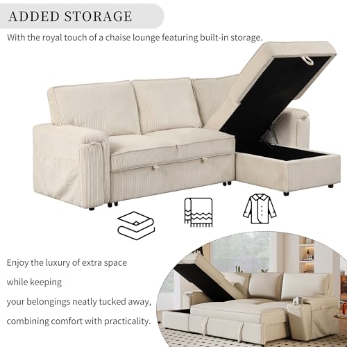 Corduroy Upholstered Convertible Sleeper Sectional Couch Pull Out Sofa Bed ,4 Seater L Shaped Corner Sofa&Couch Sofabed with Reversible Storage Chaise Lounge and Cupholders for Living Room Office