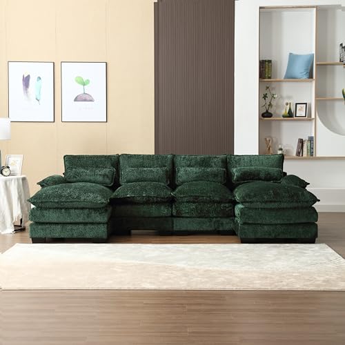 Oversized Modular Sectional Sofa Cloud Couch, U Shaped Chenille Upholstered Overstuffed Corner Couch with Double Chiase Lounge and Solid Wood Legs, 6 Seater Soft Sleeper Sofa&Couches for Home