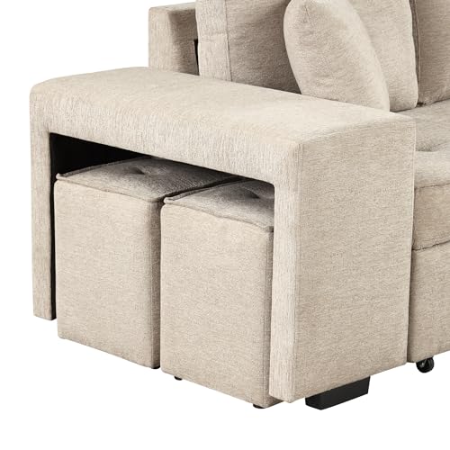 Eafurn L Shaped Reversible Sleeper Sectional Sofa Pull Out Couch Bed with Storage Chaise Lounge and 2 Stools, Button Tufted Chenille Upholstered Convertible Pullout Sofabed for Living Room Office