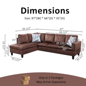 LostCat 97" W Sectional Sofa with Chaise, Modular Sectional Sofa, Microfiber Fabric Modular Couch, L Shaped Sofas & Couches Sectional Couches for Living Room Furniture Sets, Brown