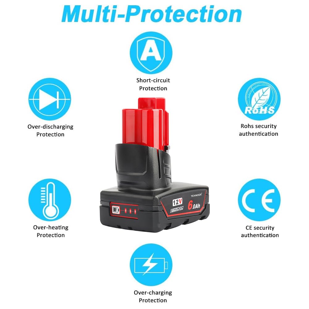 TENMOER 12V 6.0Ah Battery Charger Starter Kit Compatible with Milwaukee M12 Battery Replacement for Milwaukee 12Volt Batteries