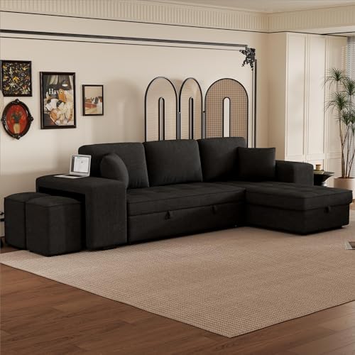 Eafurn L Shaped Reversible Sleeper Sectional Sofa Pull Out Couch Bed with Storage Chaise Lounge and 2 Stools, Button Tufted Chenille Upholstered Convertible Pullout Sofabed for Living Room Office