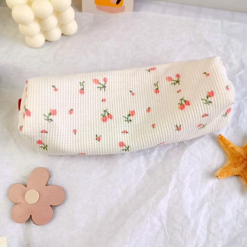 Jinshining Pink Strawberries Women Fresh Style Pencil Bag Flower Floral Canvas Large Pen Pencil Pouch Bag Pencil Case Pen Holder Coin Pouch, Simple Cosmetic Storage Bags Makeup Bag Marker Cases