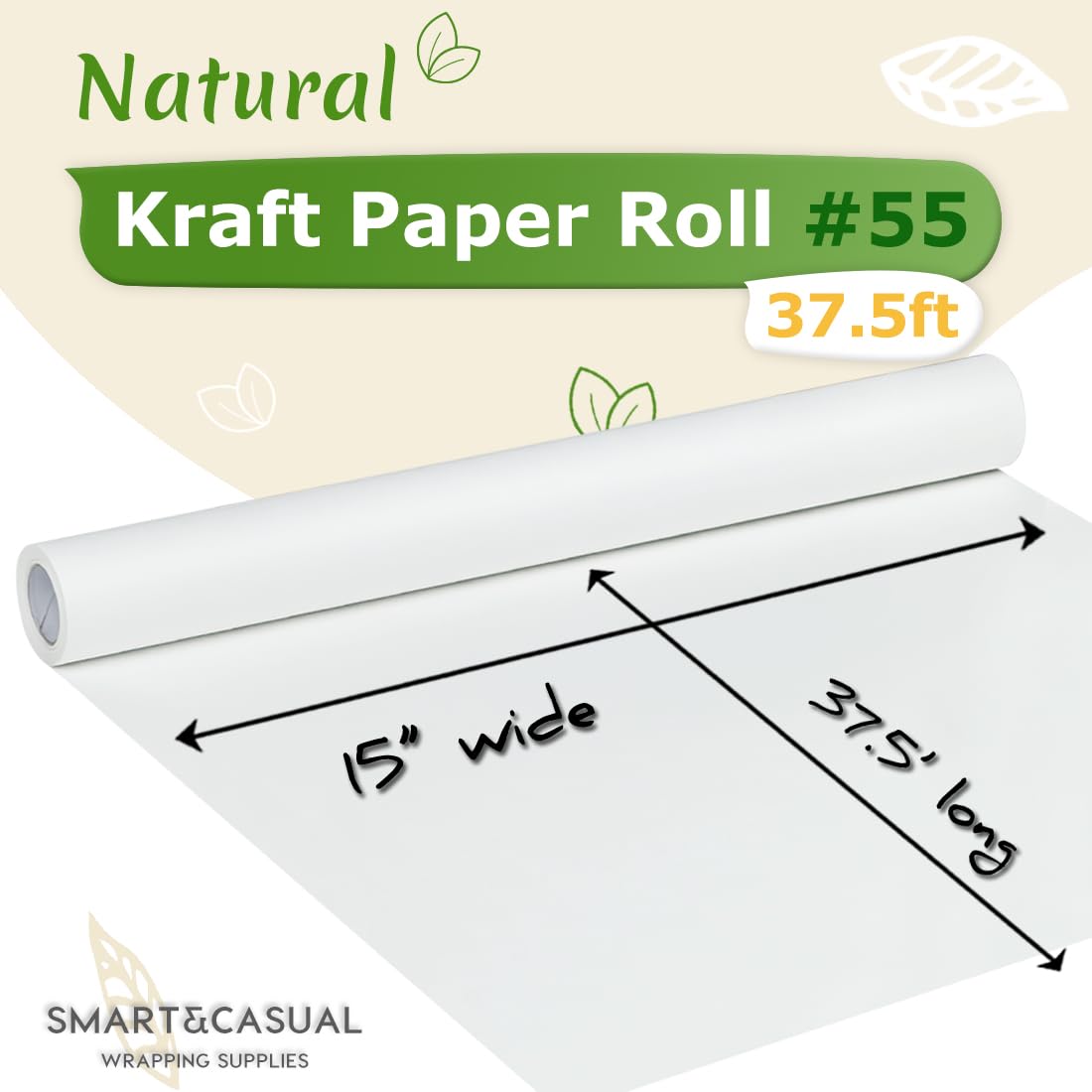 SMART&CASUAL 15" x 450" (37.5') Kraft Paper Roll for Art Craft Supplies Gift Wrapping Moving Packing Kids Painting Drawing Paint Easel Poster Chart Paper (White, 15"W x 450"L (37.5'))