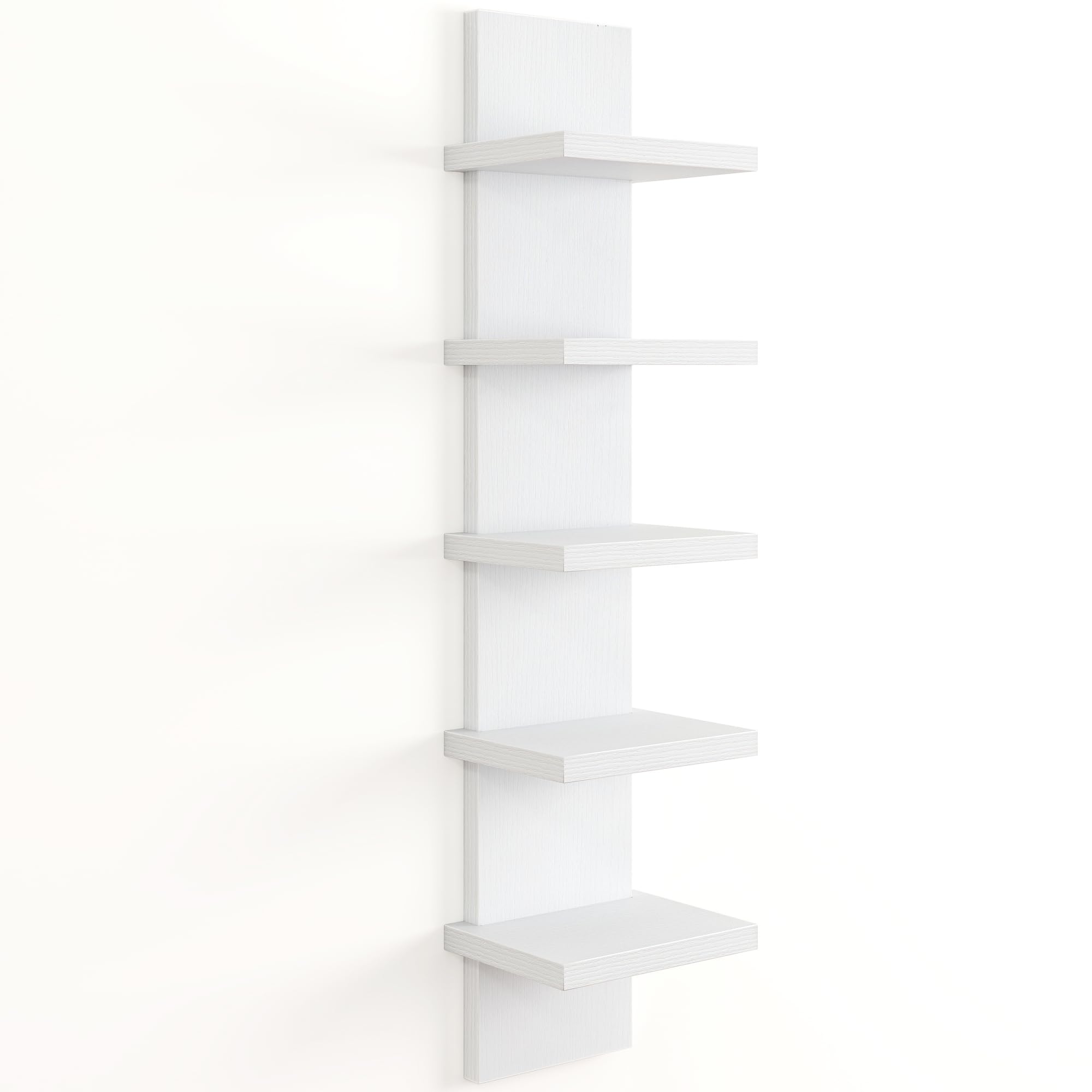 5 Tier Wall Shelf Unit, Decorative Wall Mount Vertical Shelving, Floating Storage Home Decor Organizer Tall Tower Design Utility Shelving Bedroom Living Room, Morden White