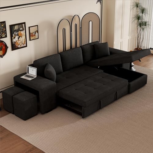 Eafurn L Shaped Reversible Sleeper Sectional Sofa Pull Out Couch Bed with Storage Chaise Lounge and 2 Stools, Button Tufted Chenille Upholstered Convertible Pullout Sofabed for Living Room Office