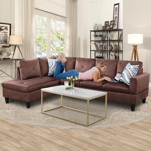 LostCat 97" W Sectional Sofa with Chaise, Modular Sectional Sofa, Microfiber Fabric Modular Couch, L Shaped Sofas & Couches Sectional Couches for Living Room Furniture Sets, Brown