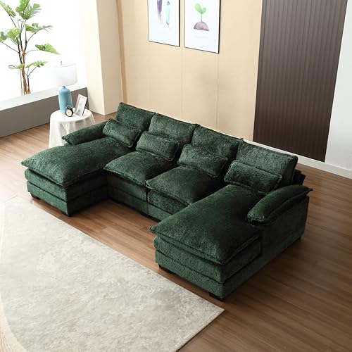 Oversized Modular Sectional Sofa Cloud Couch, U Shaped Chenille Upholstered Overstuffed Corner Couch with Double Chiase Lounge and Solid Wood Legs, 6 Seater Soft Sleeper Sofa&Couches for Home