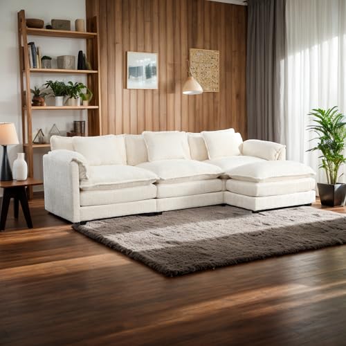 Eafurn 5 Seater L Shaped Convertible Modular Sectional Sofa with Reversible Chaise, Minimalist Oversized Sleeper Corner Couch,Chenille Upholstered Leisure Sofá for Living Room Office, Beige 112.2"