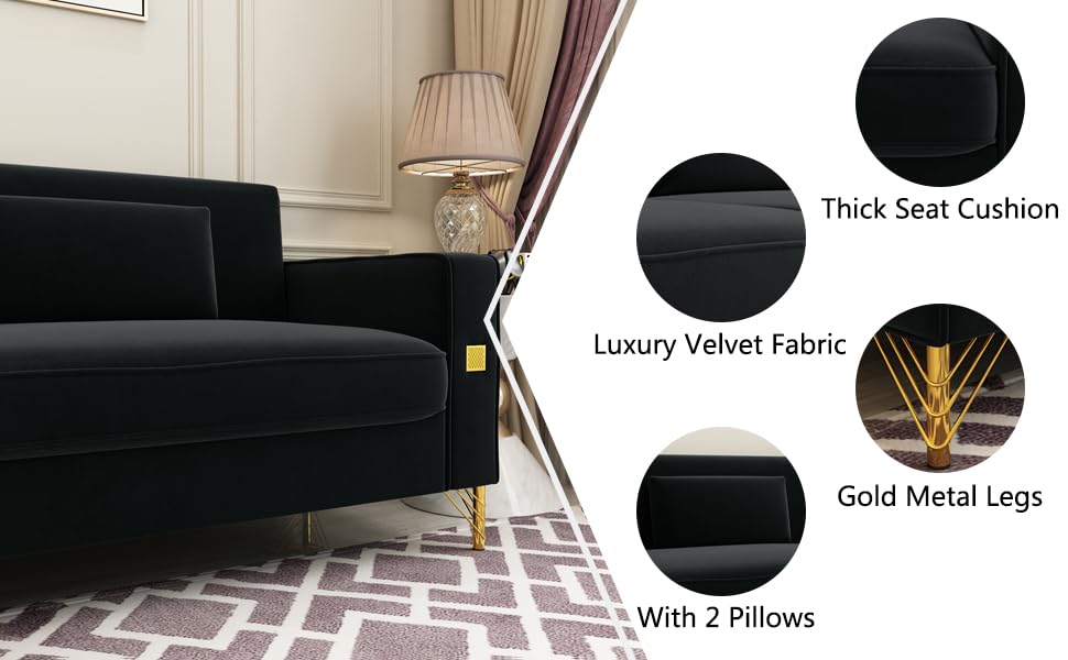 IQIAite 85" Wide Velvet Loveseat Sofa Mid Century Modern Comfy 3 Seat Couch Black Tufted Love Seat Sofas with 2 Pillows Gold Legs for Living Room Office Apartment Furniture Solid Wood Frame