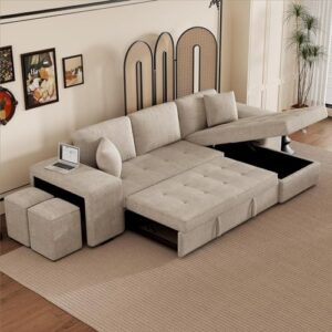 eafurn l shaped reversible sleeper sectional sofa pull out couch bed with storage chaise lounge and 2 stools, button tufted chenille upholstered convertible pullout sofabed for living room office