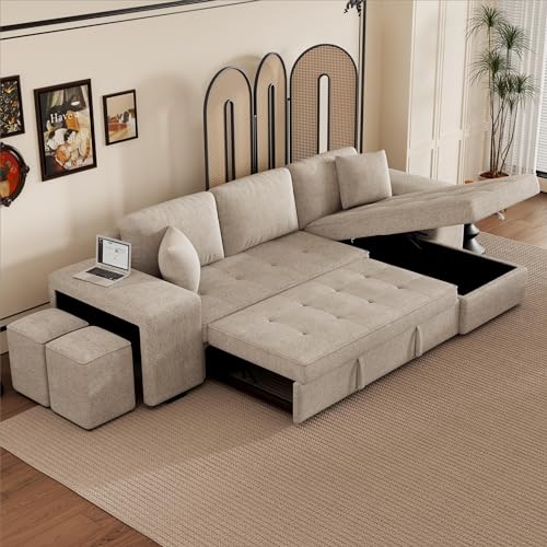 Eafurn L Shaped Reversible Sleeper Sectional Sofa Pull Out Couch Bed with Storage Chaise Lounge and 2 Stools, Button Tufted Chenille Upholstered Convertible Pullout Sofabed for Living Room Office