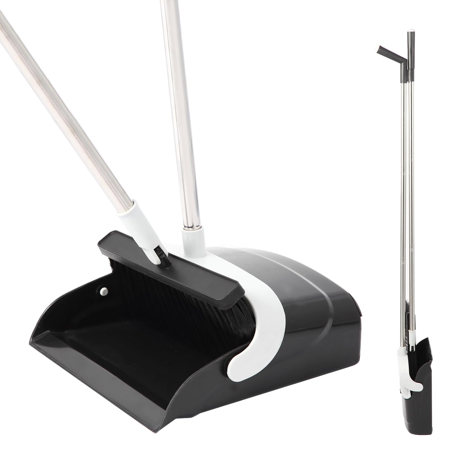 Upgrade Large Broom and Dustpan, Broom and Dustpan Set, Heavy Duty Dust Pan with 55" Long Handle Upright Dustpan Broom Set, Broom for Indoor Outdoor Garage Kitchen Room Office Lobby Use (Black)