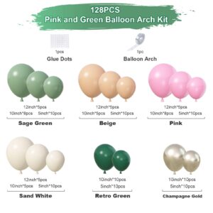 128Pcs Sage Green and Pink Balloon Arch Kit, Dusty Olive Green Blush Peach Beige Cream White Gold Latex Balloon Garland Kit for Girl Jungle Safari Baby Shower Woodland Birthday Party Decorations