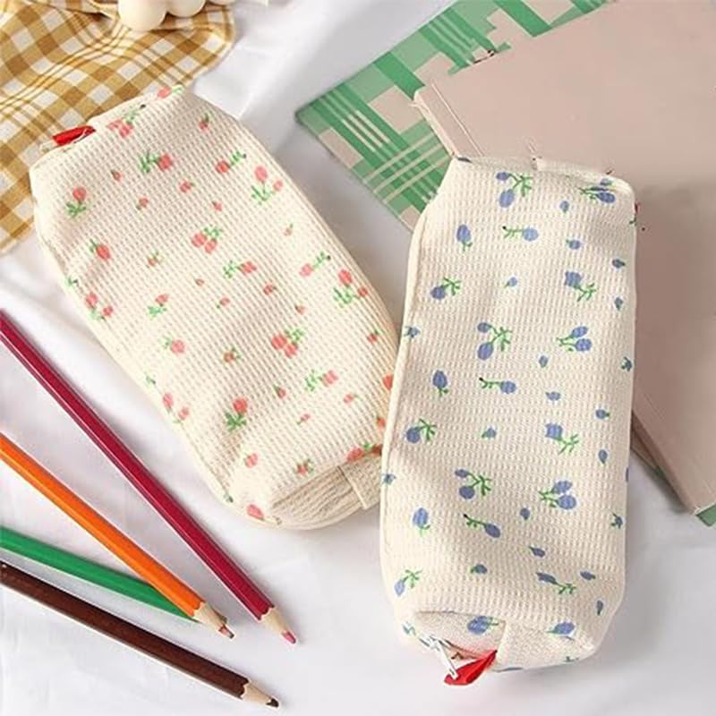 Jinshining Pink Strawberries Women Fresh Style Pencil Bag Flower Floral Canvas Large Pen Pencil Pouch Bag Pencil Case Pen Holder Coin Pouch, Simple Cosmetic Storage Bags Makeup Bag Marker Cases